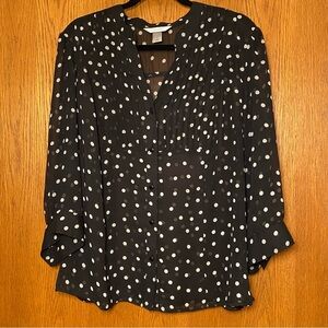 CJ Banks 1X Sheer Black w/ White Polka dots Women’s Full Button blouse 3…